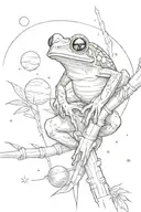 A red eyed tree frog looking at the planets in the galaxy. While climbing a bamboo tree. tattoo design idea