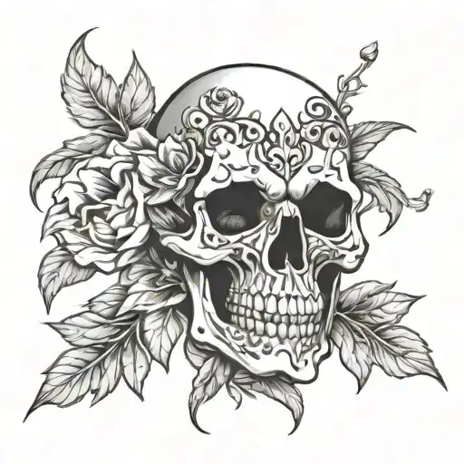scary skull flowers tattoo design idea