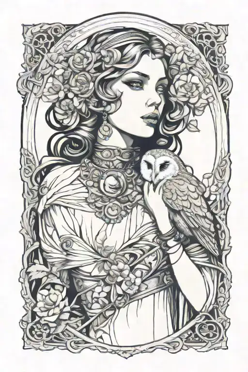 Mucha style, dark fantasy, lady with barn owl perched tattoo design idea