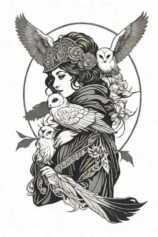 Mucha style, dark fantasy, lady with barn owl perched tattoo design idea