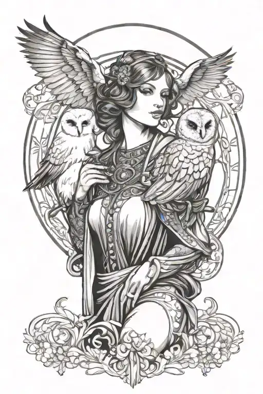 Mucha style, dark fantasy, lady with barn owl perched tattoo design idea