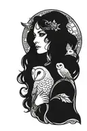 Mucha style, dark fantasy, lady with barn owl perched tattoo design idea