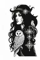 Mucha style, dark fantasy, lady with barn owl perched tattoo design idea