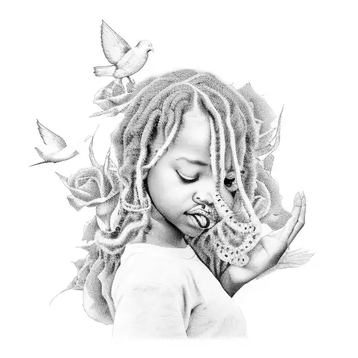 Rose black Child with locs praying pigeons tattoo design idea