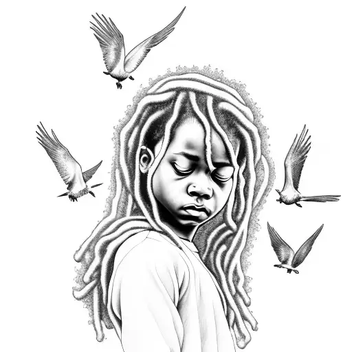 Rose black men Child with locs praying pigeons tattoo design idea