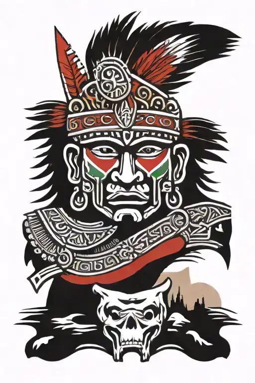 mayan warrior split face with mexican flag tattoo design idea