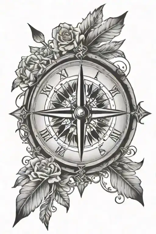 compass rose on clock and arrow tattoo design idea