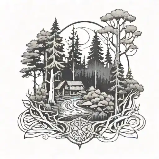 A tattoo design featuring a mystical forest inspired by Alan Wake, with hidden messages and symbols from the game intertwined in the trees and bushes tattoo design idea