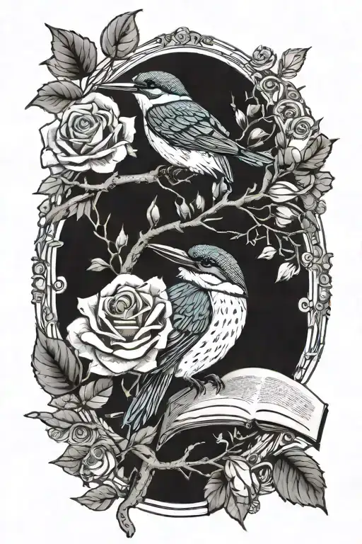 Kingfisher on a branch surrounded by roses holding a music sheet of amazing grace tattoo design idea