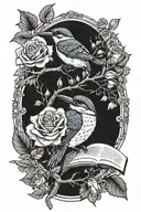 Kingfisher on a branch surrounded by roses holding a music sheet of amazing grace tattoo design idea