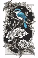 Kingfisher on a branch surrounded by roses holding a music sheet of amazing grace tattoo design idea