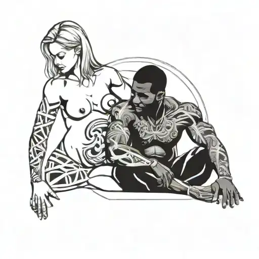 nude slim young pregnant european blonde teenage girl and muscular black man tattoo design idea