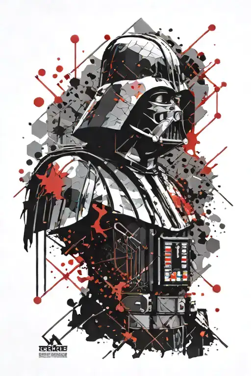 Darth Vader surrounded by hexagons. Empire symbol in the biggest one in red. Red and black paint splatters tattoo design idea