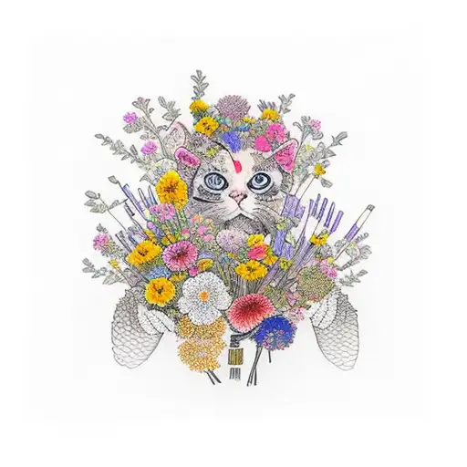 Teacher holding a bouquet of bohemian flowers with gatos hidden among them tattoo design idea