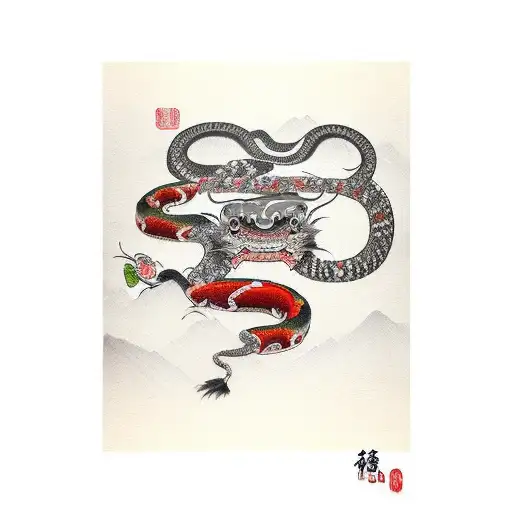 katana with oni mask snake and cherry blossom tree tattoo design idea