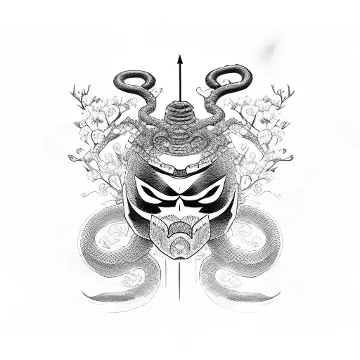 katana with oni mask snake and cherry blossom tree tattoo design idea