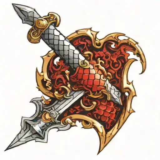 A medieval sword that has dragon scales built  into the handle or hilt of the sword tattoo design idea