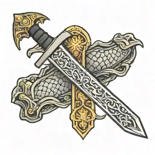 A medieval sword with dragon scales on the cross guard of the sword  tattoo design idea