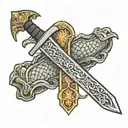 A medieval sword with dragon scales on the cross guard of the sword  tattoo design idea