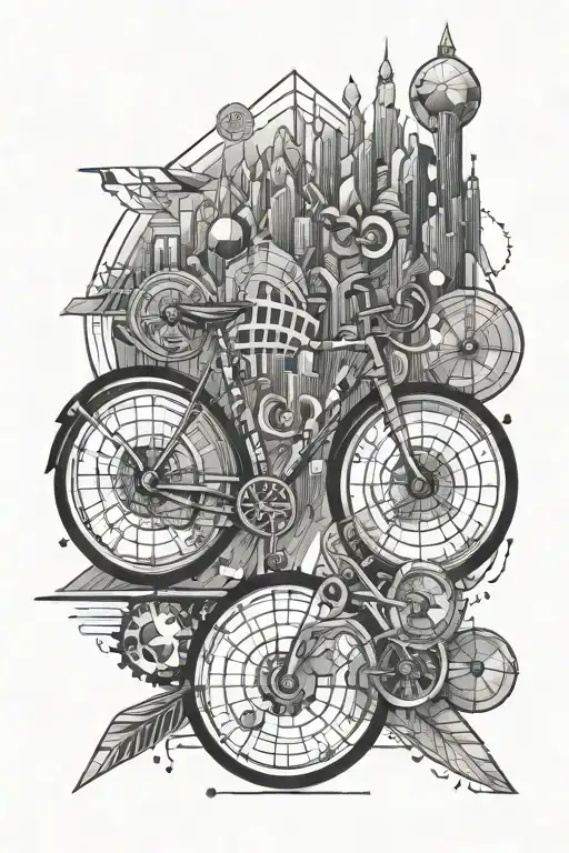 A detailed geometric design incorporating elements of stock trading charts and graphs, biking and family  tattoo design idea