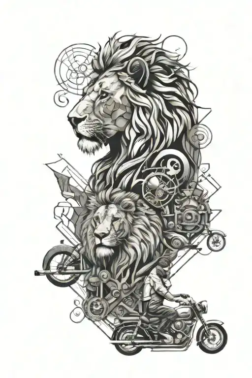 A detailed geometric design incorporating elements of lion, king, motorcycle and family  tattoo design idea