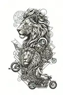 A detailed geometric design incorporating elements of lion, king, motorcycle and family  tattoo design idea