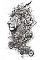 A detailed geometric design incorporating elements of lion, king, motorcycle and family  tattoo design idea