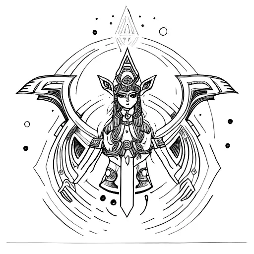 Goddess Freya showcasing highlighted in bold red black and blue lines, emerging from the Yggdrassil, bearing the Valknut tattoo design idea