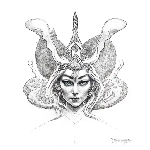 Goddess Freya emerging from the Yggdrassil, bearing the Valknut tattoo design idea