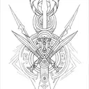 Goddess Freya showcasing highlighted in bold red black and blue lines, emerging from the Yggdrassil, bearing the Valknut tattoo design idea