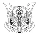 Goddess Freya showcasing highlighted in bold red black and blue lines, emerging from the Yggdrassil, bearing the Valknut tattoo design idea