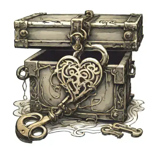 a hacked cache in the form of a box with a heart inside next to a master key tattoo design idea