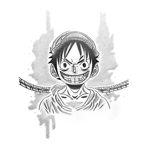 A dotwork tattoo of Luffy from One Piece exploring a virtual world filled with futuristic landscapes tattoo design idea