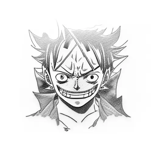 A dotwork tattoo of Luffy from One Piece exploring a virtual world filled with futuristic landscapes tattoo design idea