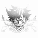 A dotwork tattoo of Luffy from One Piece exploring a virtual world filled with futuristic landscapes tattoo design idea