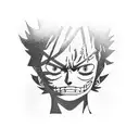 A dotwork tattoo of Luffy from One Piece exploring a virtual world filled with futuristic landscapes tattoo design idea