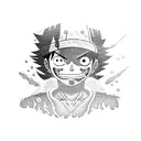 A dotwork tattoo of Luffy from One Piece exploring a virtual world filled with futuristic landscapes tattoo design idea