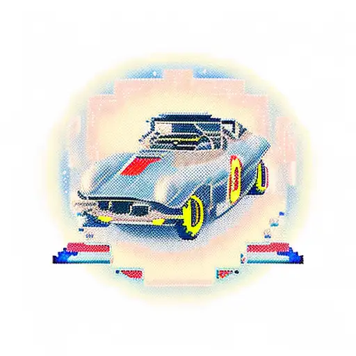A retro arcade machine with a pixelated music equalizer on the screen, surrounded by speeding race cars tattoo design idea