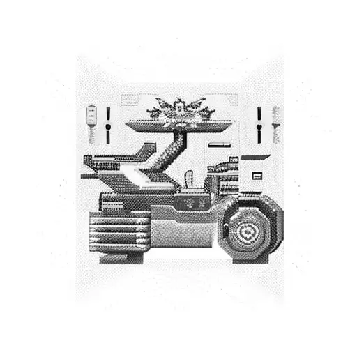 A retro arcade machine with a pixelated music equalizer on the screen, surrounded by speeding race cars tattoo design idea