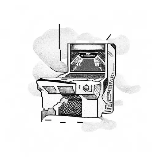 A retro arcade machine with a pixelated music equalizer on the screen, surrounded by speeding race cars tattoo design idea