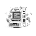 A retro arcade machine with a pixelated music equalizer on the screen, surrounded by speeding race cars tattoo design idea