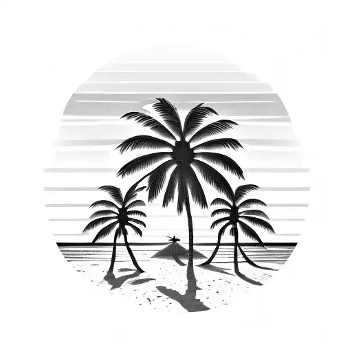 Beach palm trees setting sun crashing waves tattoo design idea