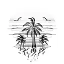 Beach palm trees setting sun crashing waves tattoo design idea