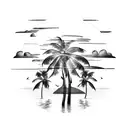 Beach palm trees setting sun crashing waves tattoo design idea