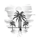 Beach palm trees setting sun crashing waves tattoo design idea