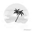 Beach palm trees setting sun crashing waves tattoo design idea