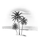 Beach palm trees setting sun crashing waves tattoo design idea