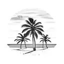 Beach palm trees setting sun crashing waves tattoo design idea