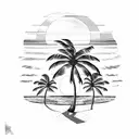 Beach palm trees setting sun crashing waves tattoo design idea