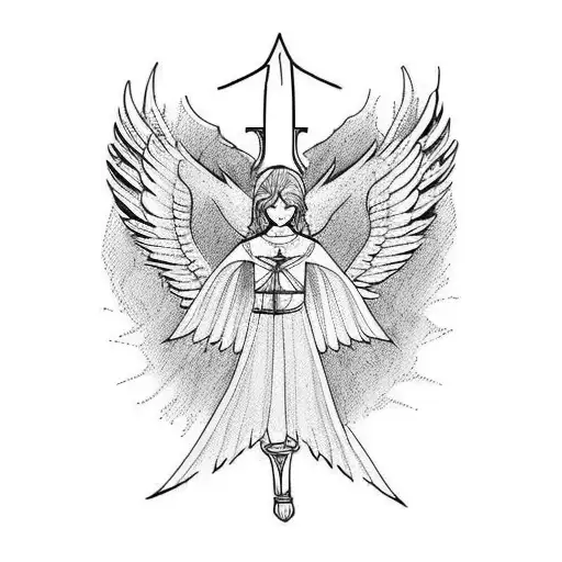 Angel rising with wings and sword tattoo design idea